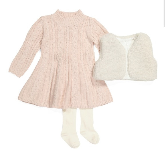 Catherine Malandrino 3 Piece Sweater Dress, Faux Sherpa Vest & Tights Set NWT | Poshmark