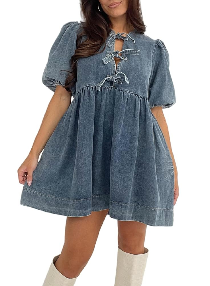 Seyumixi Women Denim Babydoll Dress Short Puff Sleeve Jean Dresses Bow Tie Loose Mini Shirt Dress... | Amazon (US)