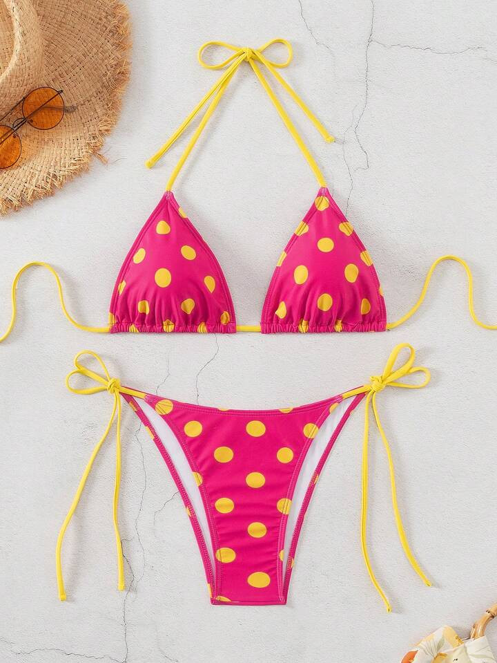 Swim Mod Vacation Beach Polka Dot Print Bikini Set Set, Separates, Random Print | SHEIN