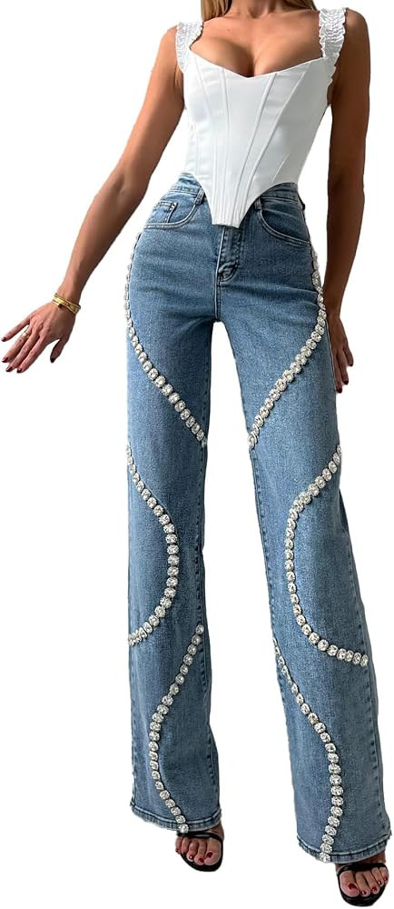 Unybwonn Women High Waist Jeans Rhinestone Trim Bling Baggy Denim Pants Y2k Straight Wide Leg Tro... | Amazon (US)