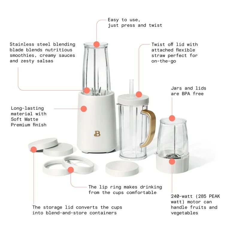Beautiful Personal Blender Set with 12 Pieces, 240 W, White Icing by Drew Barrymore - Walmart.com | Walmart (US)