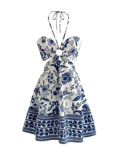 Floerns Women's Floral Halter Neck Vacation Dress Sleeveless Cut Out Boho Cami Dress Blue and White Large | Amazon (US)