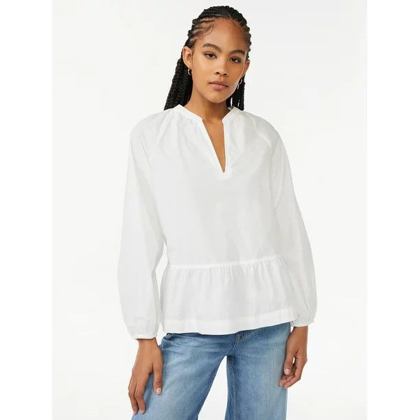 Free Assembly Women's V-Neck Peplum Top with Long Sleeves - Walmart.com | Walmart (US)