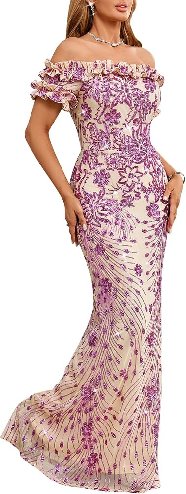 Women Sexy Sequin Off Shoulder Ruffle Short Sleeve Bodycon Mermaid Party Formal Evening Maxi Dres... | Amazon (US)