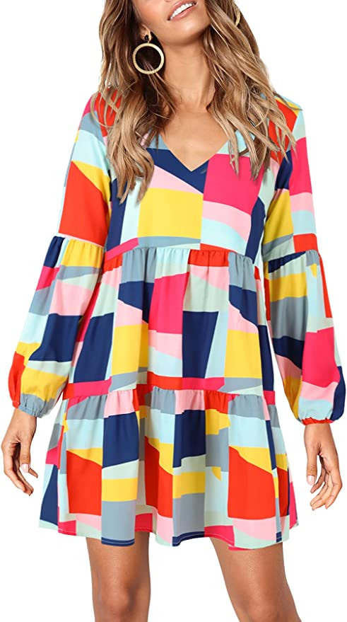 Amoretu Women Summer Tunic Dress V Neck Casual Loose Flowy Swing Shift Dresses | Amazon (US)