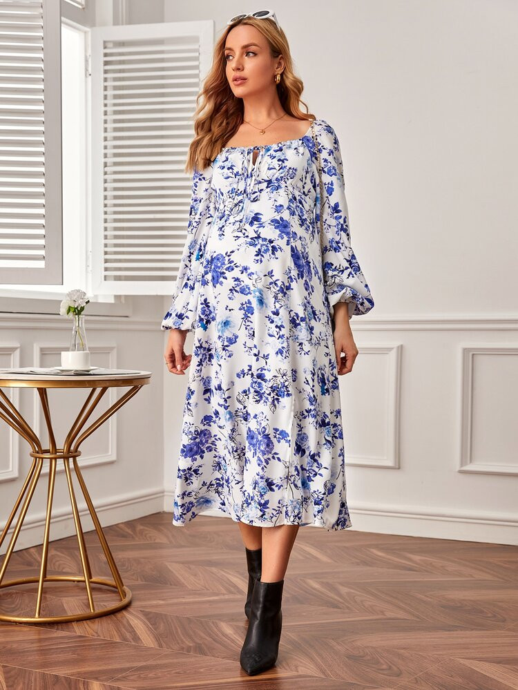 SHEIN Maternity Floral Print Lantern Sleeve Dress | SHEIN
