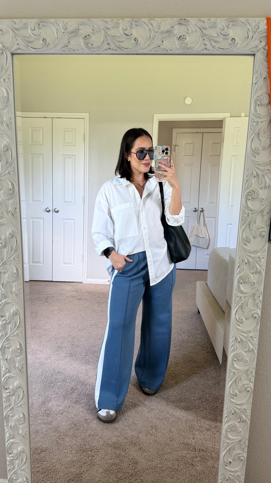Size medium in top and bottom from Abercrombie. Track pant outfit with poplin botton down. 
Jessica Simpson sunnies from TJMAXX but linked similar 🫶🏼

#LTKgrwm #LTKootd #LTKPetite