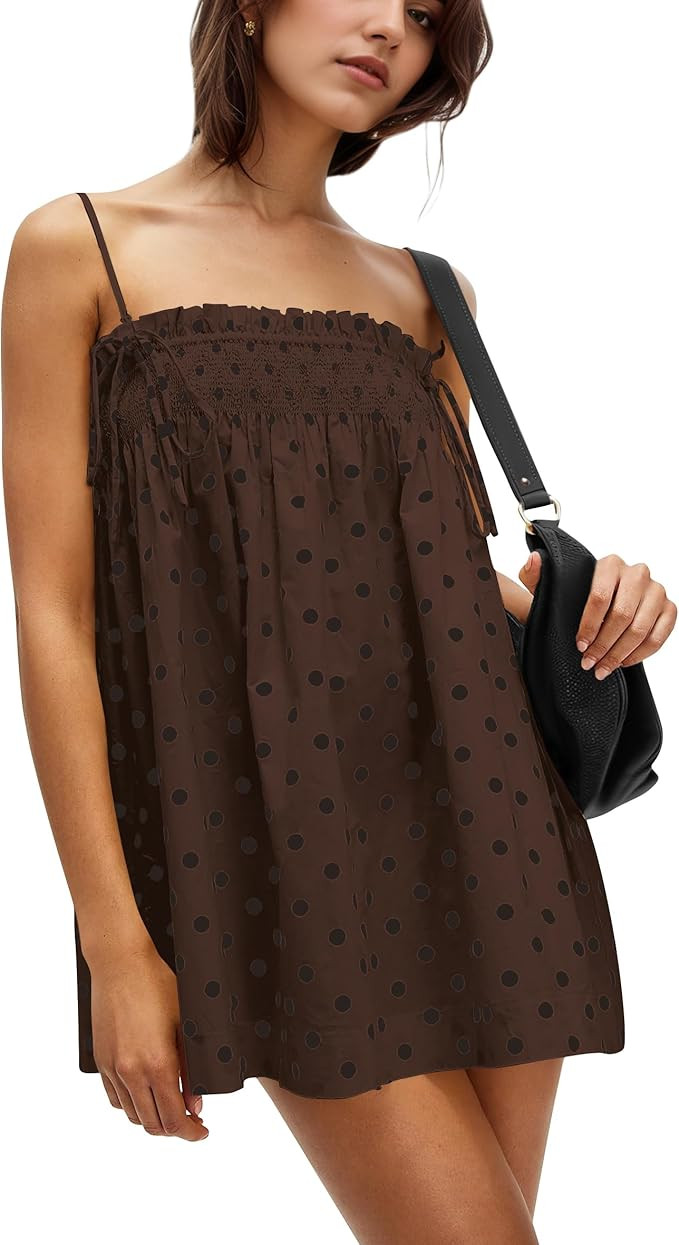 Womens Polka Dot Mini Dress Adjustable Spaghetti Strap Smocked Shirred Bust Cami Dress Square Nec... | Amazon (US)