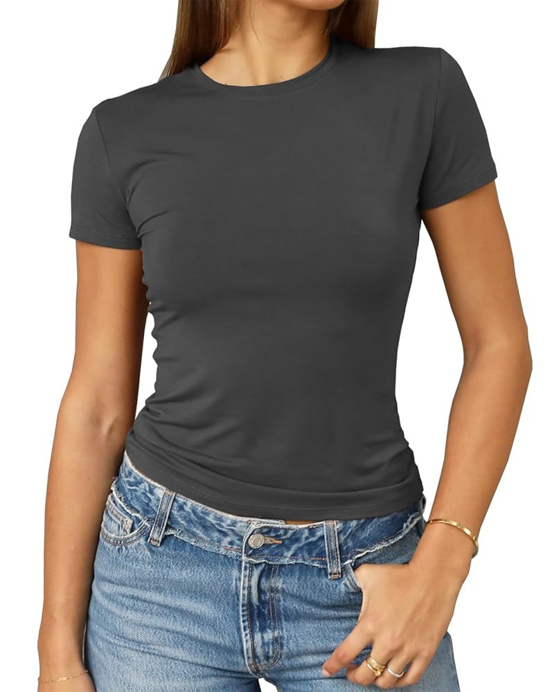 Abardsion Women's Casual Basic Going Out Crop Tops Slim Fit Short Sleeve Crew Neck Tight T Shirts... | Amazon (US)