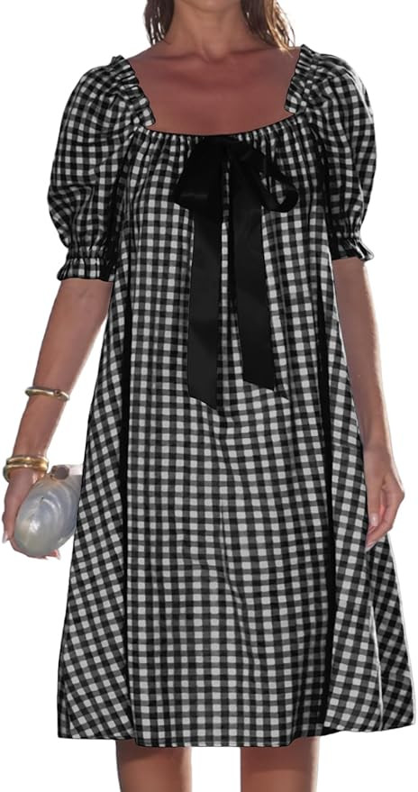 YUNDAI Women’s Gingham Babydoll Mini Dress Puff Sleeve Square Neck Cute Loose Fit | Amazon (US)