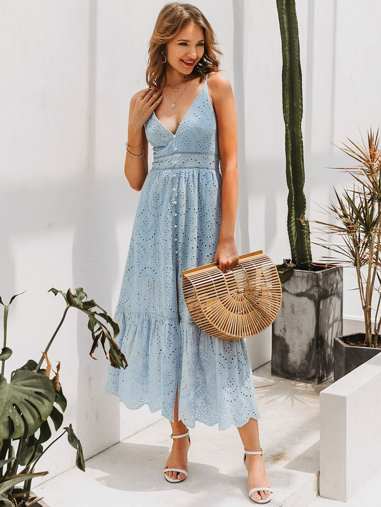 Simplee Eyelet Lace Insert Button Front Scallop Edge Schiffy Cami Dress | SHEIN