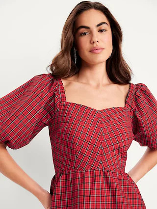 Puff-Sleeve Plaid Fit & Flare Taffeta Mini Dress | Old Navy (US)