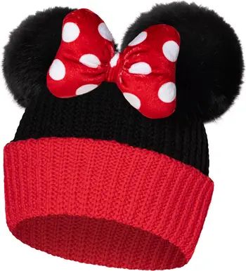 x Disney Kids' Minnie Bow Colorblock Faux Fur Pompom Beanie | Nordstrom