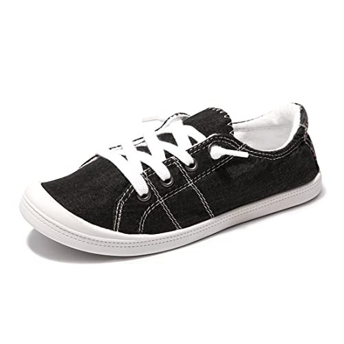 Women's Slip On Canvas Sneaker Low Top Casual Walking Shoes Classic Comfort Flat Fashion Sneakers (Black 11) | Amazon (US)