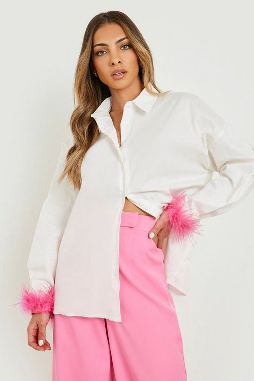 Cotton Poplin Oversized Feather Cuff Shirt | Boohoo.com (US & CA)