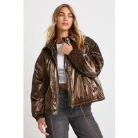 Womens High Shine Bomber Jacket - Brown - 10 | boohoo (US & Canada)
