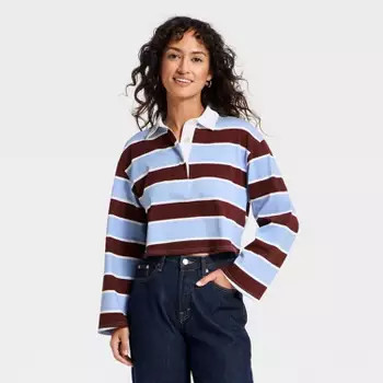 Women's Long Sleeve Button-Down Polo T-Shirt - Universal Thread™ Blue Striped S | Target