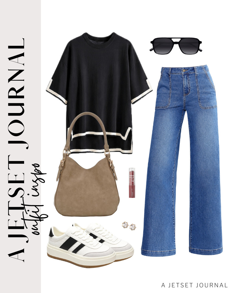 The last outfit is a black short-sleeved top, Sidefeel wide-leg jeans, and Project Cloud sneakers. You can style it with this faux leather bag and retro sunnies from SOJOS. Finish the look with this top-selling e.l.f. Hydrating Core Lip Shine.

#LTKSeasonal #LTKSaleAlert #LTKTravel
 

 