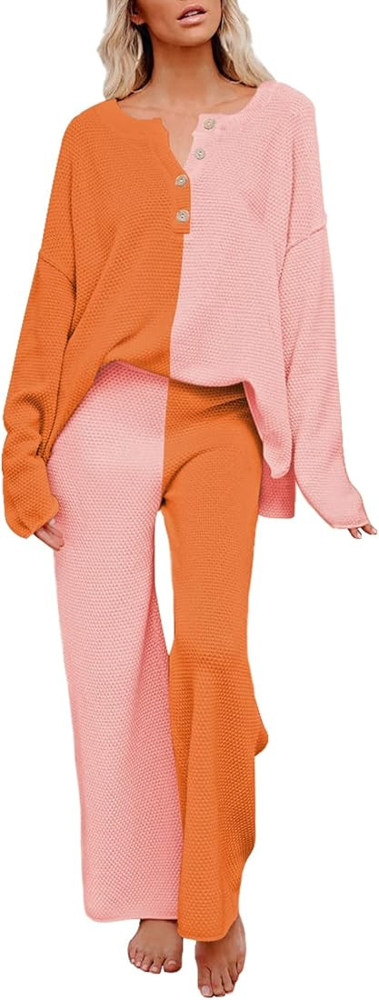 Viottiset Women's 2 Piece Outfits Sweatsuit Knit Long Sleeve Sweater Wide Leg Pants Loungewear | Amazon (US)