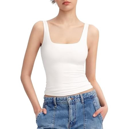 PUMIEY Women's Square Neck Tank Top Sleeveless Double Lined Basic Tops Sharp Collection | Amazon (US)