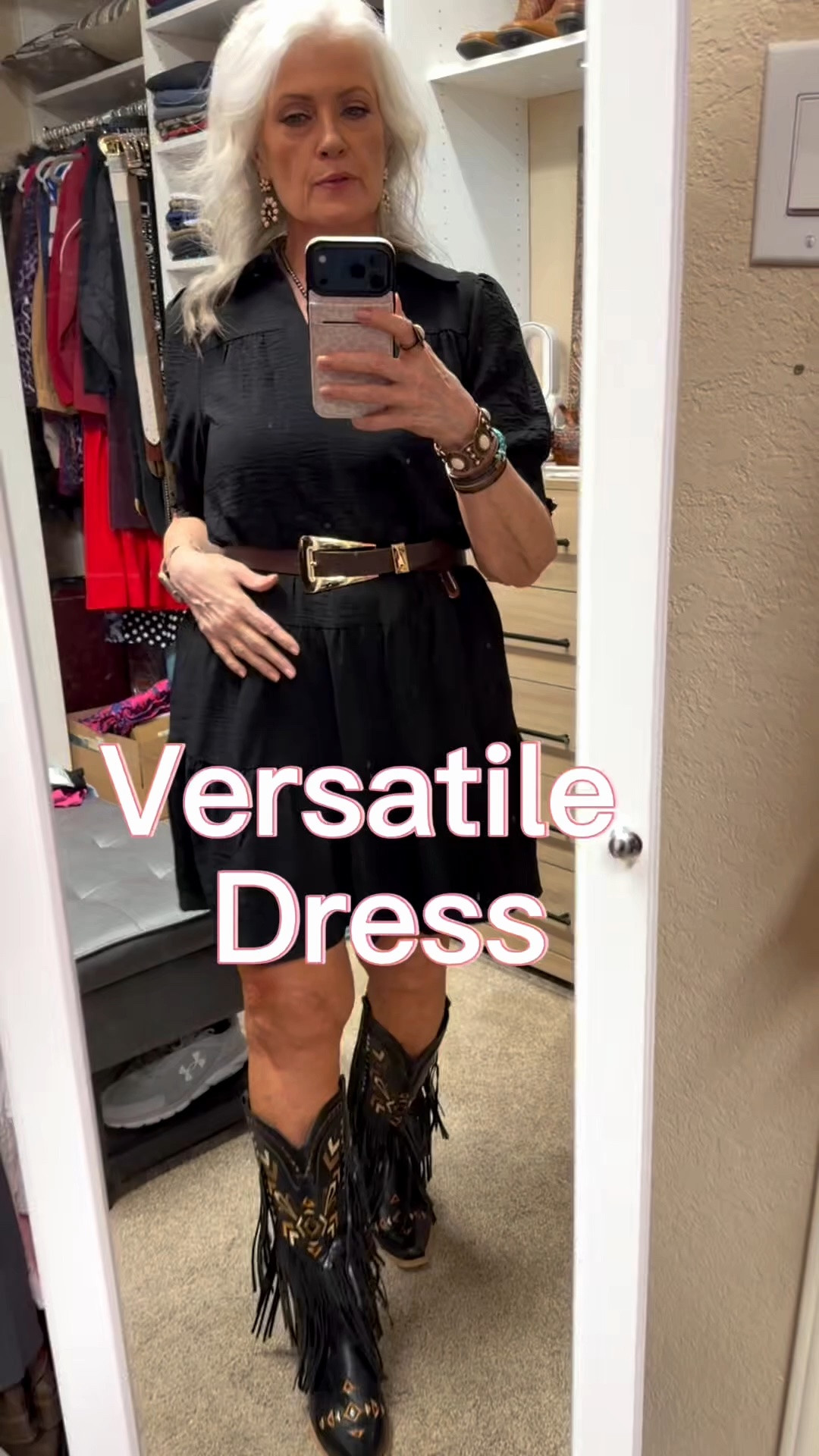 Let’s get ready for cowtown!  This black dress is great quality and goes with so much. Add a layering piece and accessors and you’ll look great. 
#Western look