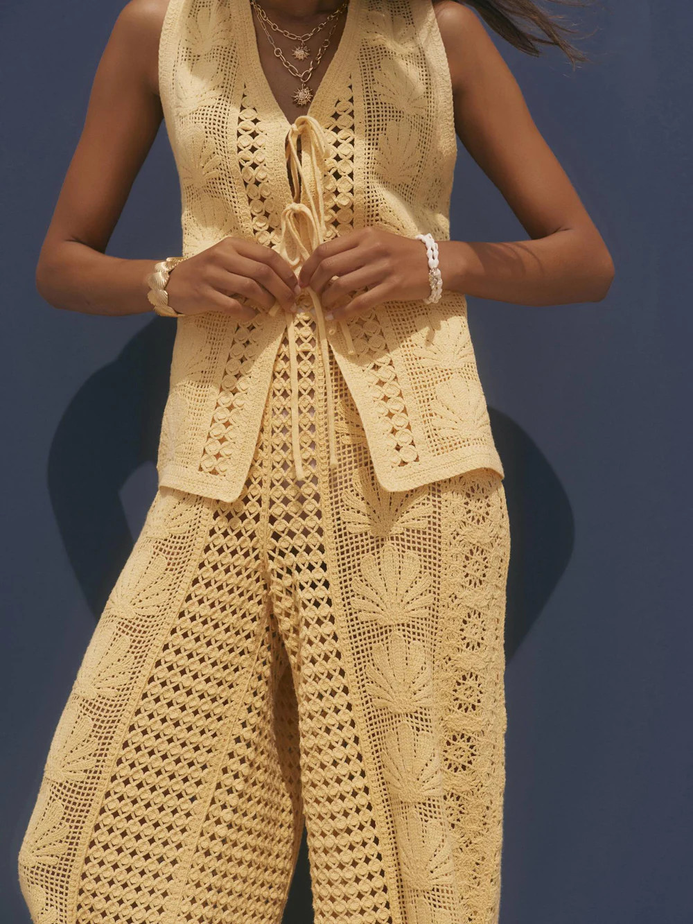 Yellow Crochet Shell Tie Front Top | Mint Velvet - US
