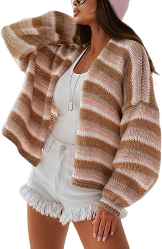 Yeokou Womens Striped Cardigan Sweaters Open Front Lightweight Knit Rainbow Color Block Casual Fa... | Amazon (US)