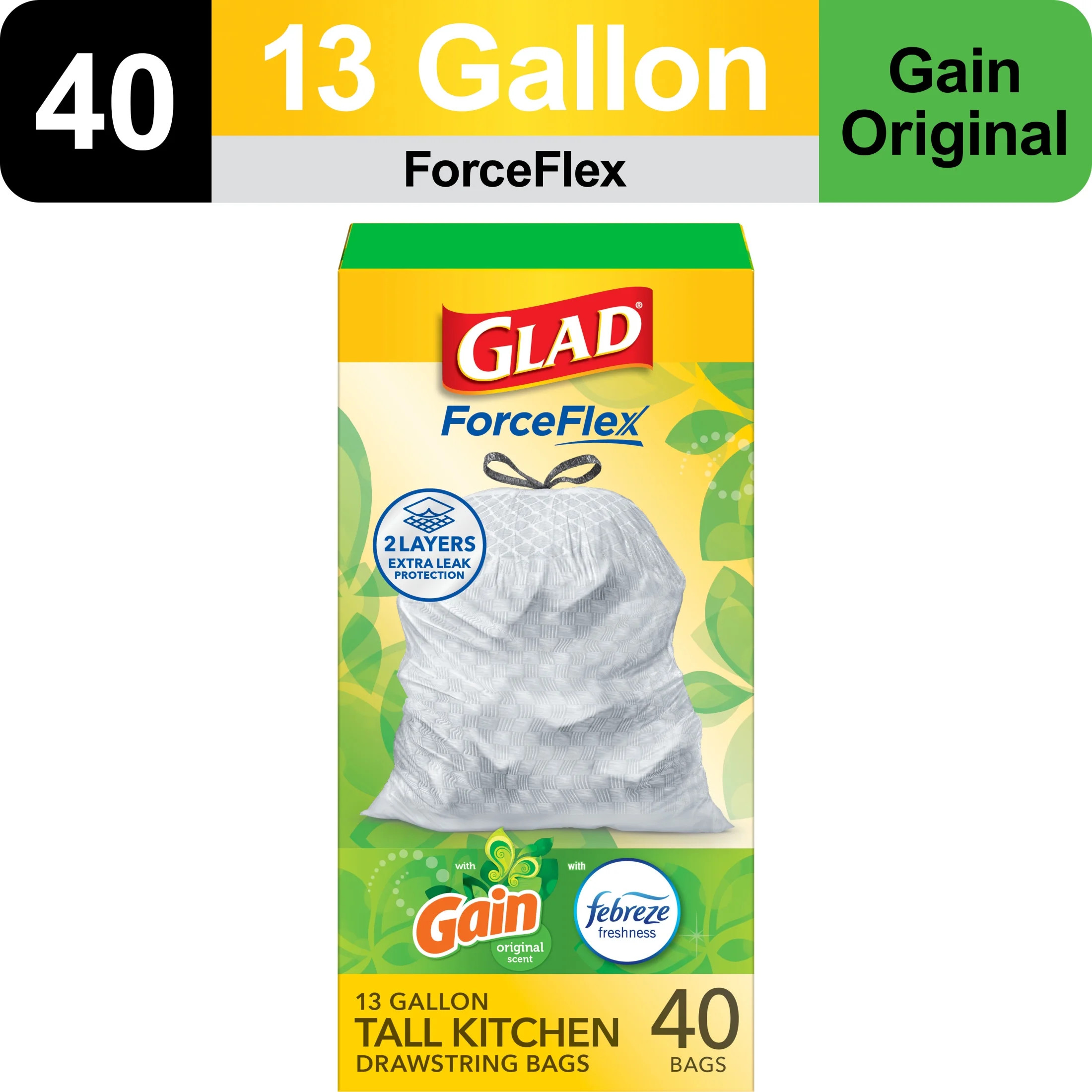 Glad ForceFlex Tall Kitchen Drawstring Trash Bags, 13 Gallon, Gain Original with Febreze Freshnes... | Walmart (US)