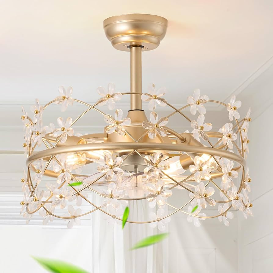 20 Inch Gold Caged Ceiling Fan with Light, Flower Chandelier Ceiling Fan with Lights Remote Contr... | Amazon (US)