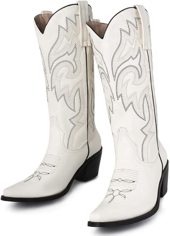 heelchic Womens Embroidered Cowboy Cowgirl Boots Snip Toe Chunky Heel Western Boots Pull On Mid C... | Amazon (US)