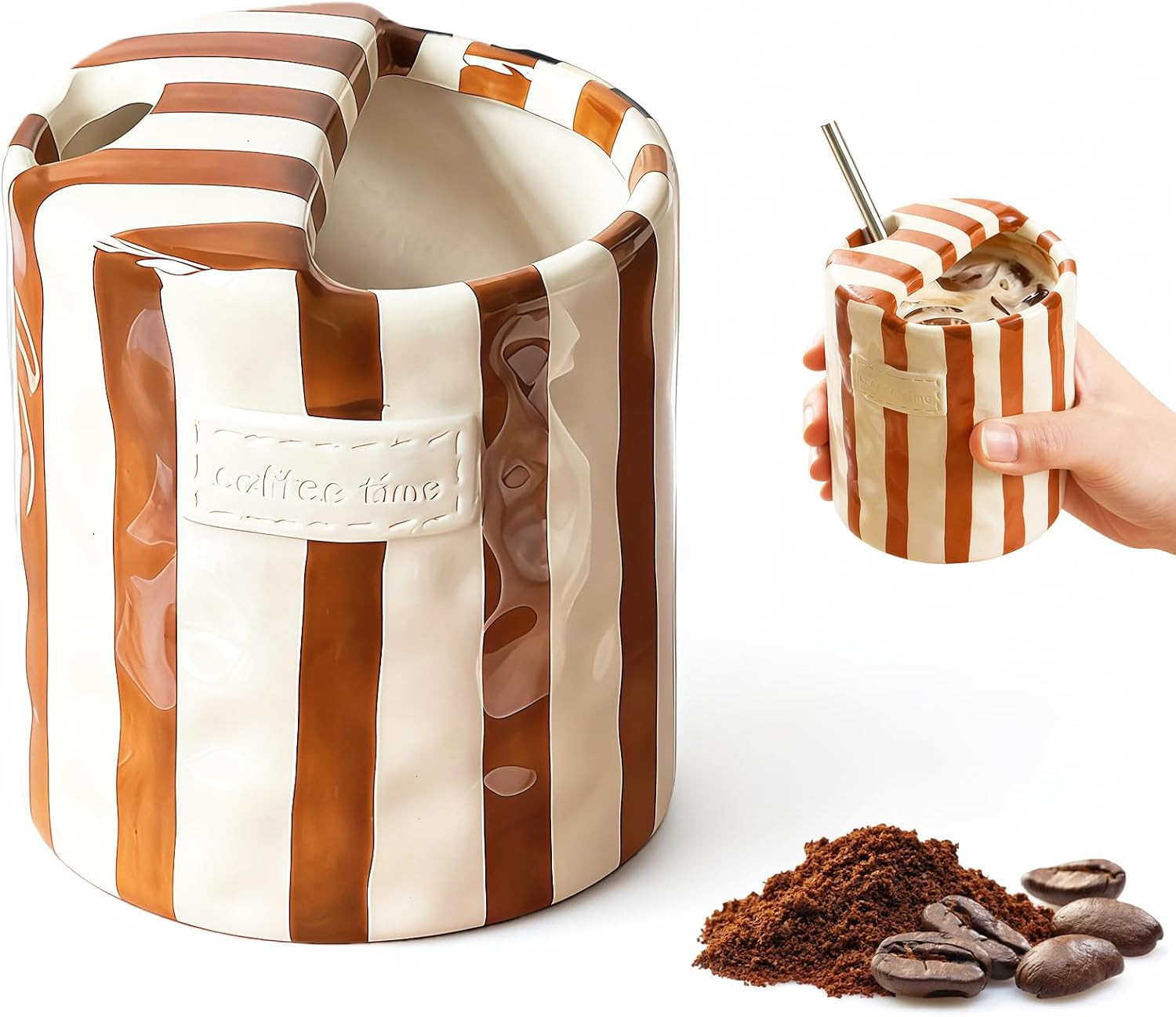 Shelprojsu 10oz Ceramic Coffee Mug,Retro Striped Coffee Cups,with Sip hole Espresso Ceramic Cup,novelty Hand-Painted Striped Travel Mugs-ideal Gift for Coffee Lovers (Brown) | Amazon (US)