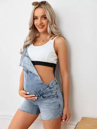 SHEIN Maternity Raw Cut Denim Overall Romper Without Tank Top | SHEIN