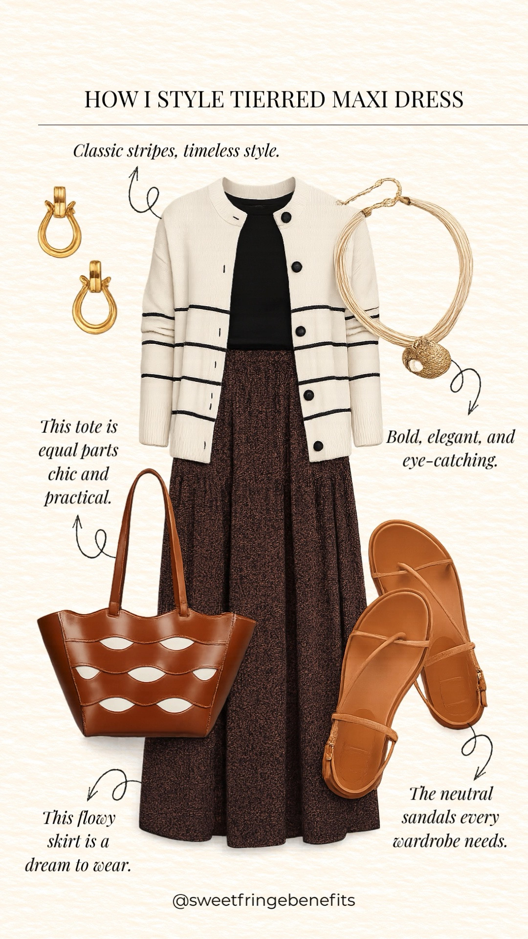 A tiered maxi dress is one of those pieces you can style all year long. Layer it with a classic striped cardigan, neutral sandals, a statement necklace, and a chic tote for an effortless look that's perfect for brunch, errands, or weekend outings.

💡 LTK MADE EASY
❤️ Heart = Support my posts!
🔖 Save = Get sale & restock alerts
📋 Lists = Keep favorites organized
📲 Share = Send lists and products to a friend. Hello, Christmas List!
💬 Comment = Ask me anything about what I'm wearing. :-)

#LTKootd #LTKSeasonal #LTKOver40