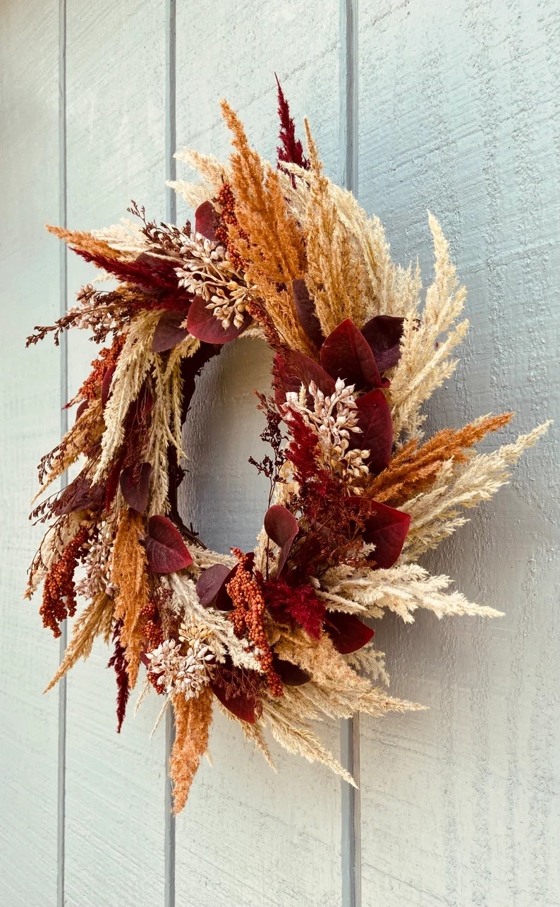 Fall Wreath, Fall Pampas Wreath, Autumn Wreath, Fall Burgundy Wreath, Fall Front Door | Etsy (US)