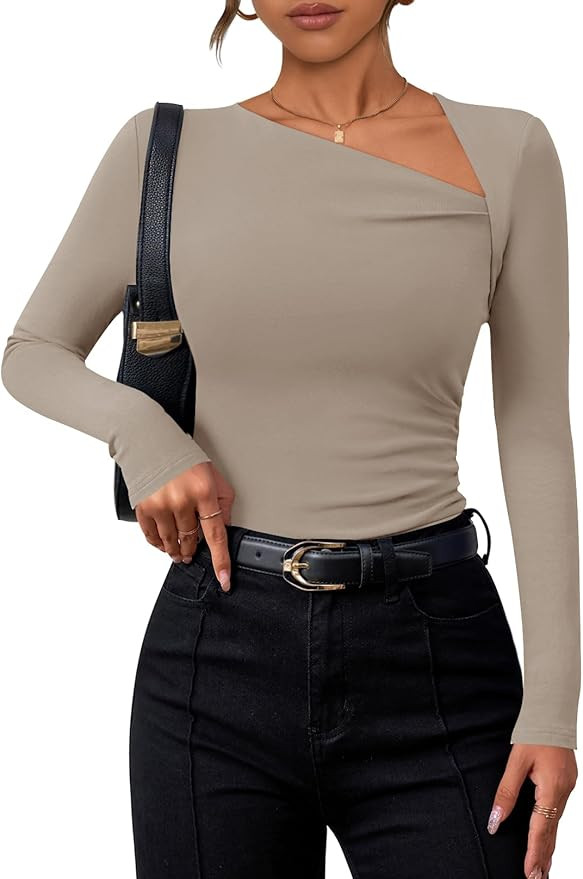 ZESICA Women's Long Sleeve Tops 2024 Fall Asymmetrical Neck Slim Fitted Sexy Y2K Knit Shirts Clot... | Amazon (US)