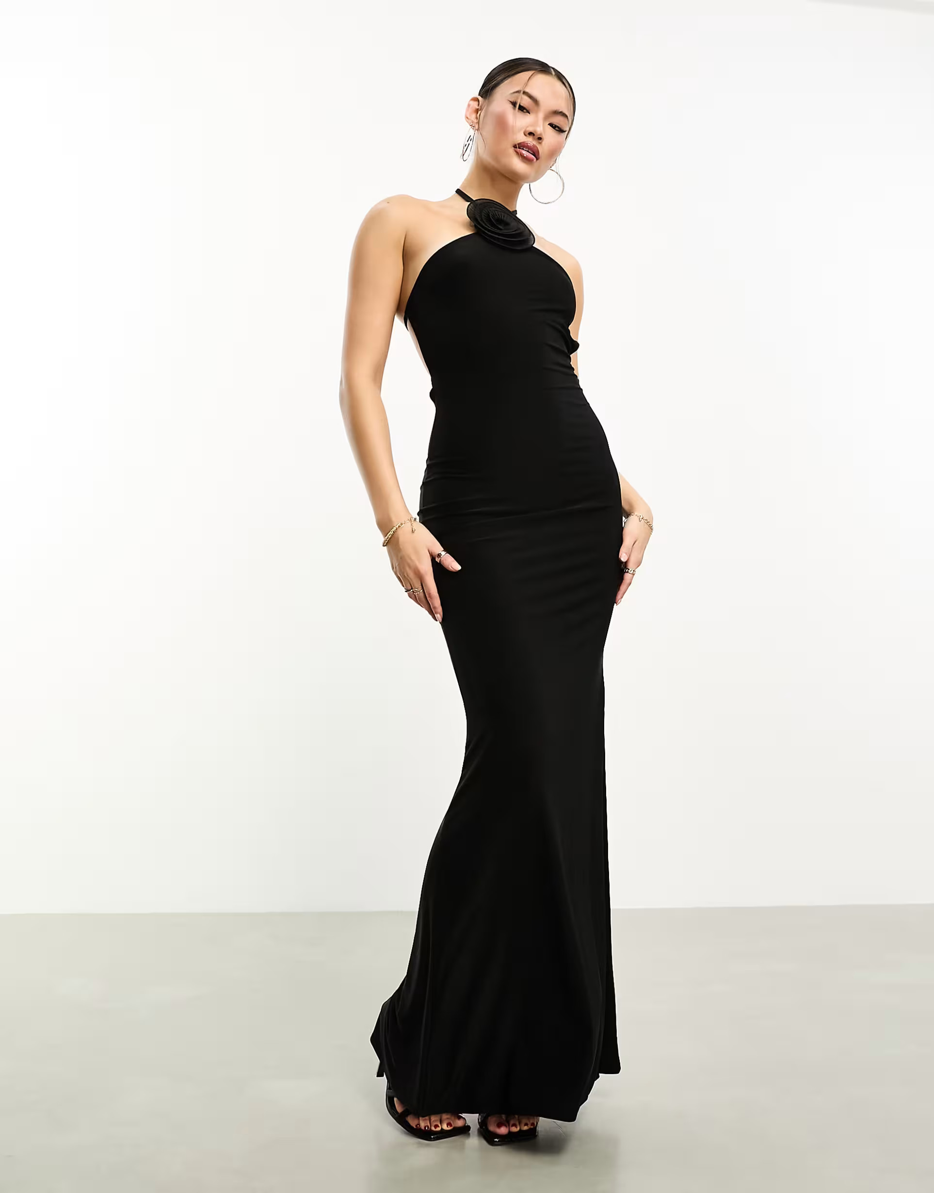 Fashionkilla corsage halterneck open tie back maxi dress in black | ASOS (Global)