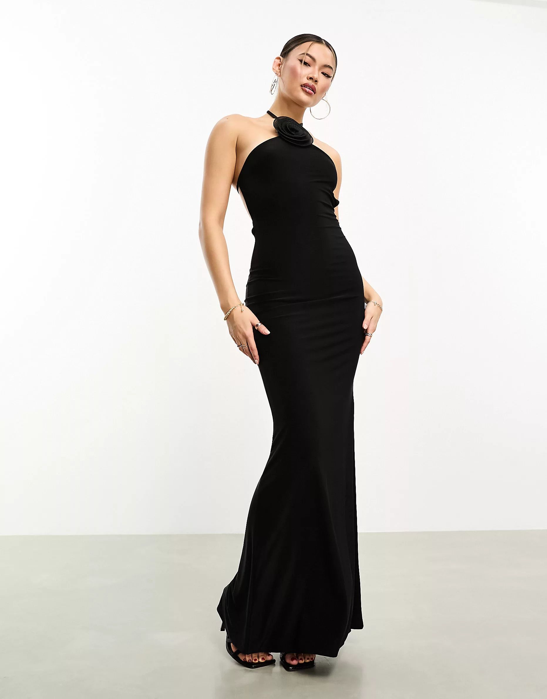 Fashionkilla corsage halterneck open tie back maxi dress in black | ASOS (Global)