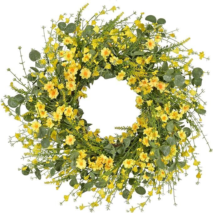 GRBAMBI 22 Inch Artificial Daisy Flower Spring Wreath with Eucalyptus Green Leaves Wreath Farmhou... | Amazon (US)