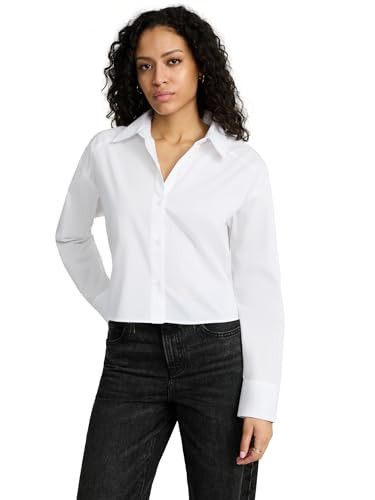 EXPRESS Women’s Cropped Portofino Shirt – Boyfriend Fit Long Sleeve Lightweight – White | Amazon (US)