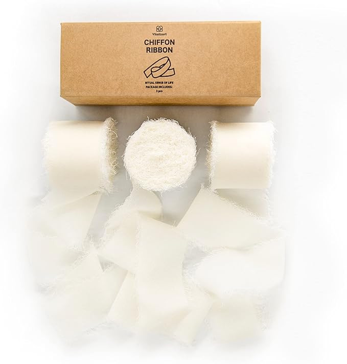 Vitalizart 3 Rolls Handmade Fringe Chiffon Silk Ribbon 1.5" x 7Yd Cream White Ribbons Set for Wed... | Amazon (US)