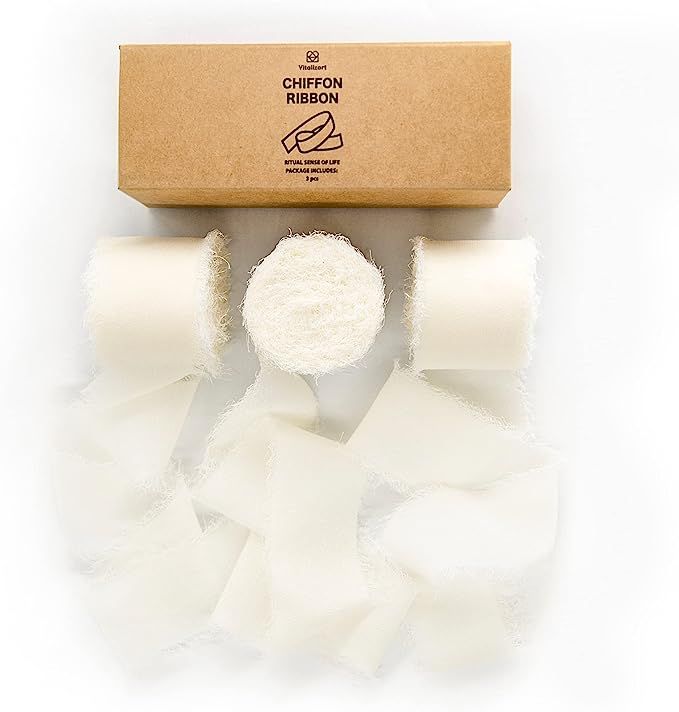 Vitalizart 3 Rolls Handmade Fringe Chiffon Silk Ribbon 1.5" x 7Yd Cream White Ribbons Set for Wed... | Amazon (US)