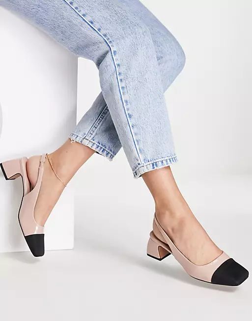 ASOS DESIGN Sally toe cap slingback block heeled shoes in beige | ASOS | ASOS (Global)