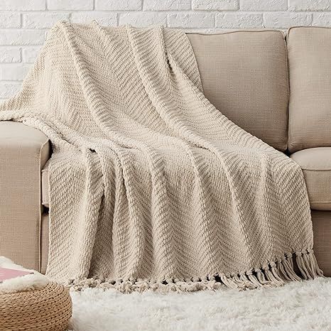 Bedsure 50x60-Inch Taupe Knit Chenille Throw Blanket with Tassels - Soft, Warm, Decorative Couch ... | Amazon (US)