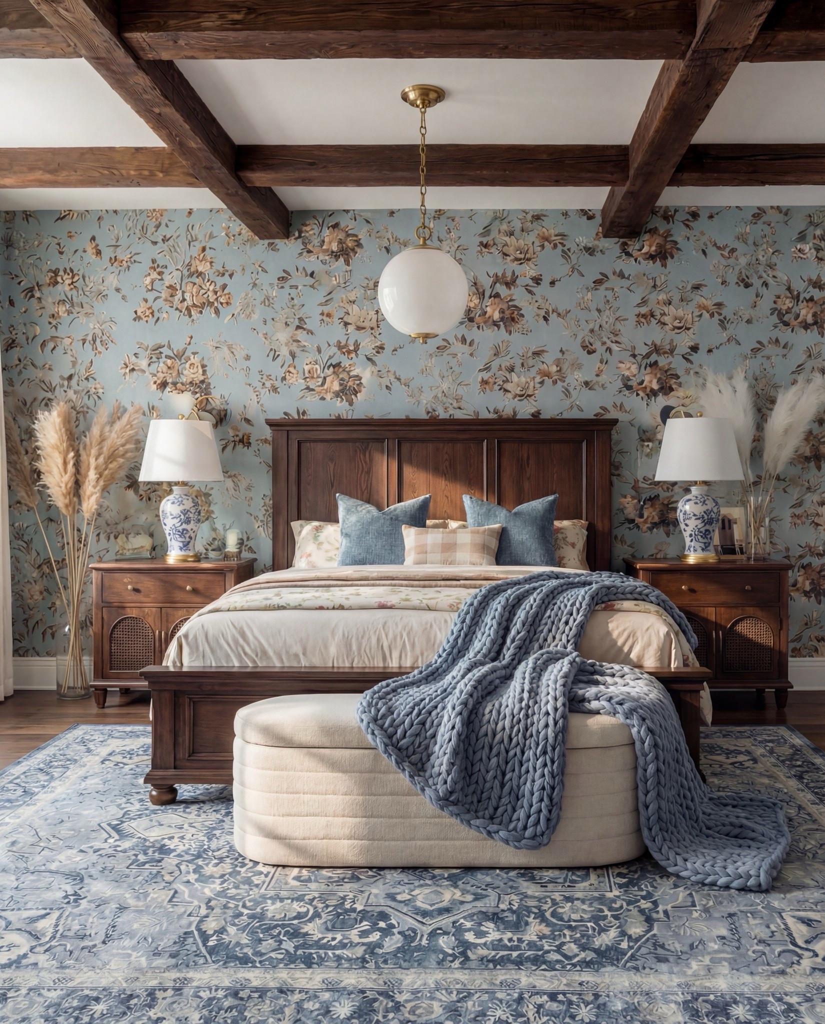 Bedroom Refresh : Shop The Look.
• Blue floral wallpaper
• Dark wood bed frame
• Chunky knit blue throw
• Blue patterned area rug
• Cream upholstered bench
• Blue + cream accent pillows
• Chinoiserie-style ceramic table lamps
• Pampas stems for softness
White decor books
Brown decor beads 

#LTKSaleAlert #LTKHome