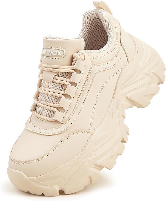 K KIP WOK Chunky Sneakers for Women Fashion Platform White Leather Casual Dad Shoes Comfortable W... | Amazon (US)