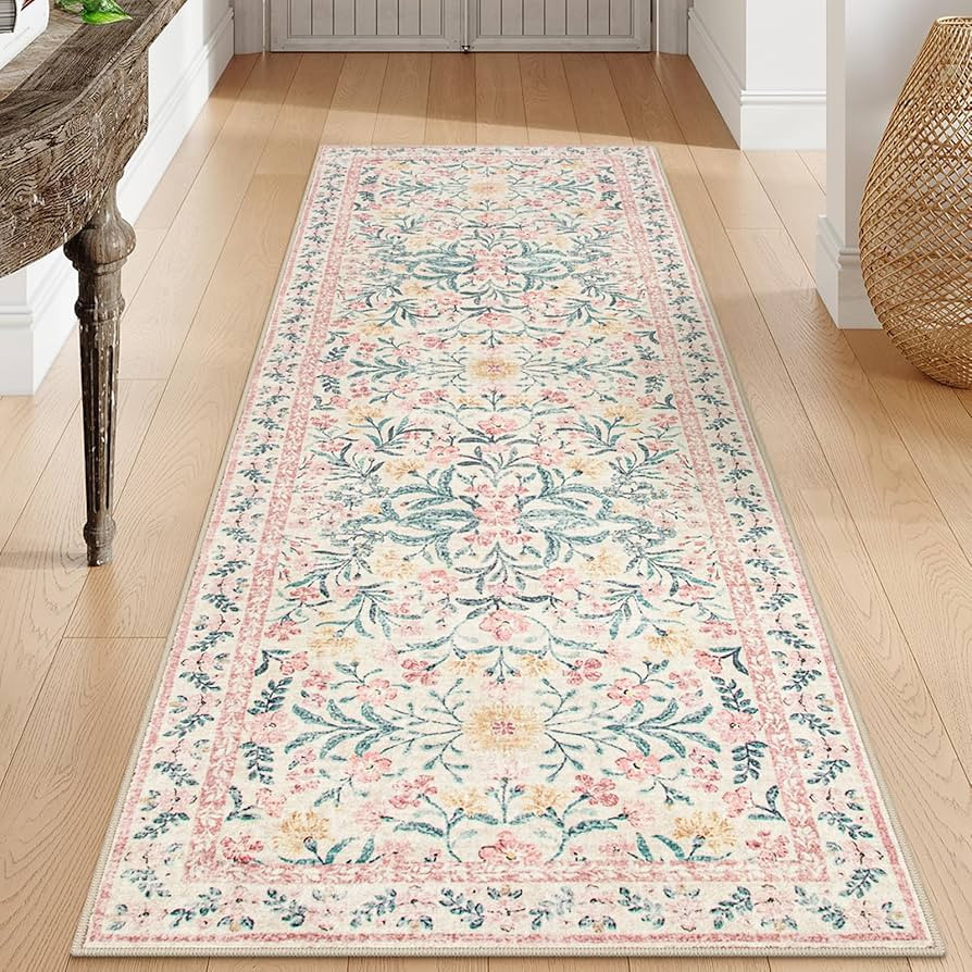Morebes Boho Hallway Runner Rug 2x6, Pink Floral Kitchen Runner Rugs for Bedroom Girls, Washable ... | Amazon (US)