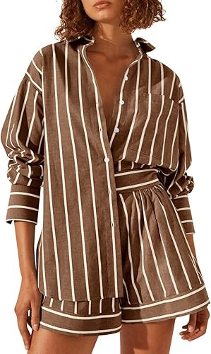 Tankaneo Womens 2 Piece Outfits Striped Long Sleeve Button Down Collared Shirt Matching Shorts Se... | Amazon (US)
