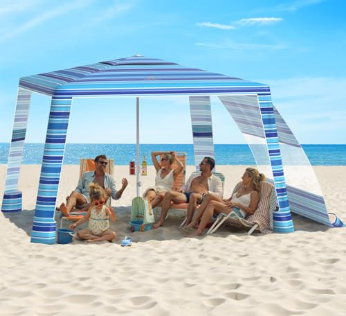 Rhino Valley Beach Cabana, 8 * 8FT Beach Tent UPF50+ Protection, Easy Setup Beach Canopy Wind Resistant with Cup Holder, Compact Beach Shade Foldable Beach Tent Sun Shelter, Blue Four Stripes | Amazon (US)