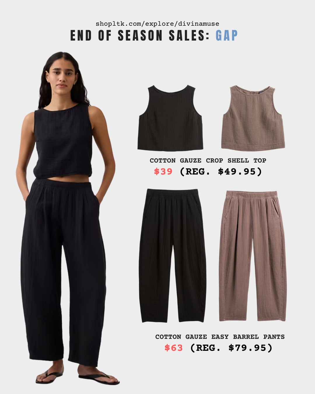 Cotton gauze crop shell top & cotton gauze easy barrel pants. 
Available in regular, tall, petite! 
* 100% cotton gauze 
* top has darts at bust (prevents flatness & unnecessary pull), ultra cropped, boat neck 
* soft, breathable, light, airy 
* elasticized waist, side/back pockets 
* relaxed, easy silhouette 
* pants are ankle length  

 #LTKSaleAlert #LTKPetite #LTKTall
