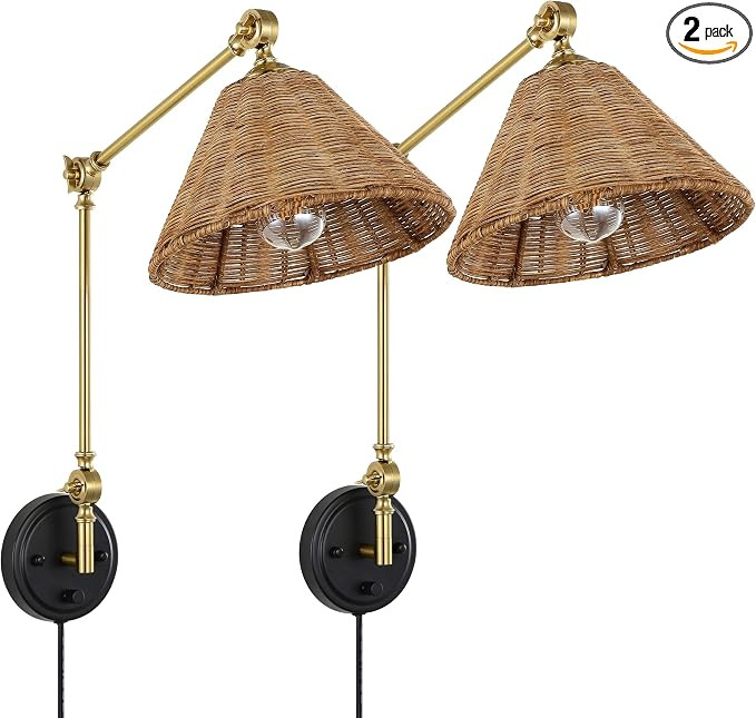 WINGBO Wall Sconce Rattan Wrapped Wall Lamp, Adjustable Swing Arm Wall Light Foldable Gold Light ... | Amazon (US)